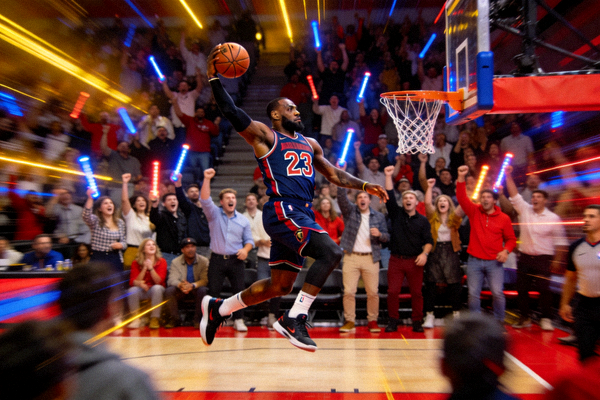 NBA篮球比赛激烈瞬间 - 球员跃起投篮，观众热烈欢呼